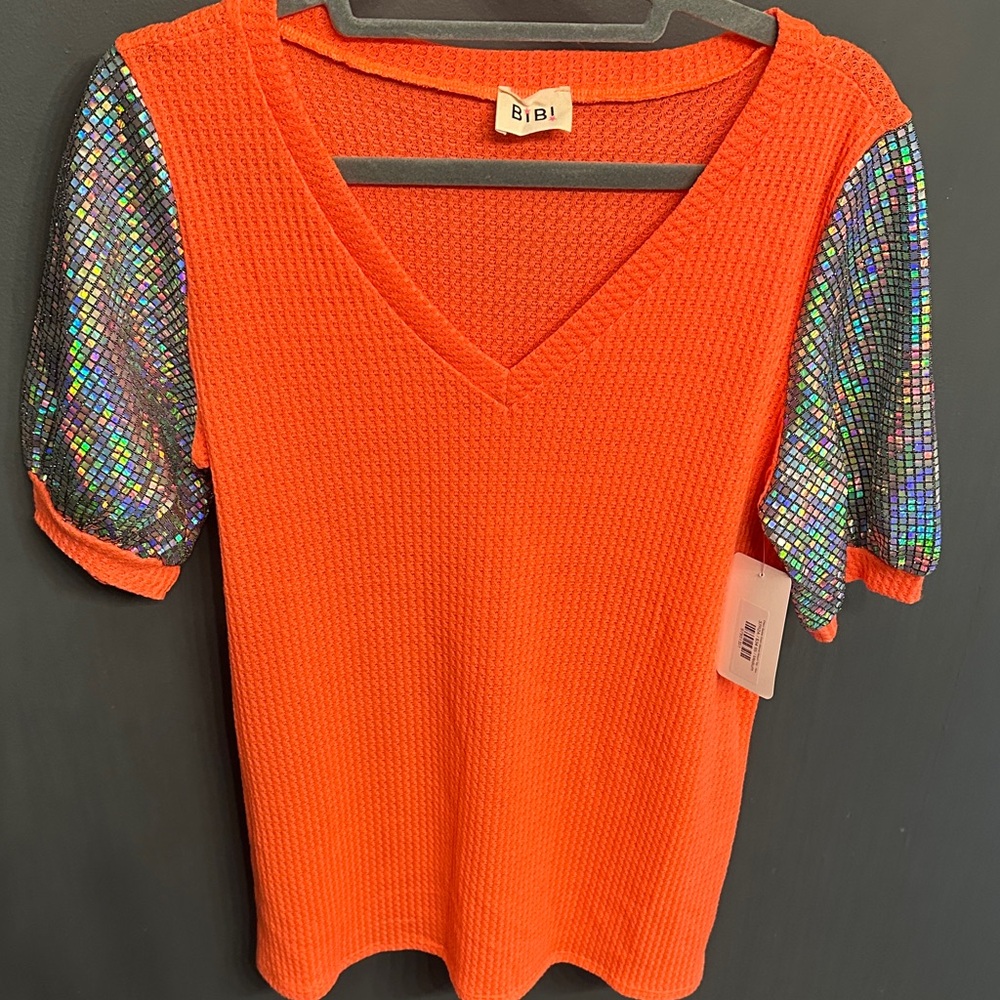BiBi Vibrant Orange Top with Sequin Sleeves